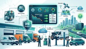 Современная иллюстрация корпоративного автопарка и документов для оптимизации расходов на ОСАГО в 2026 году